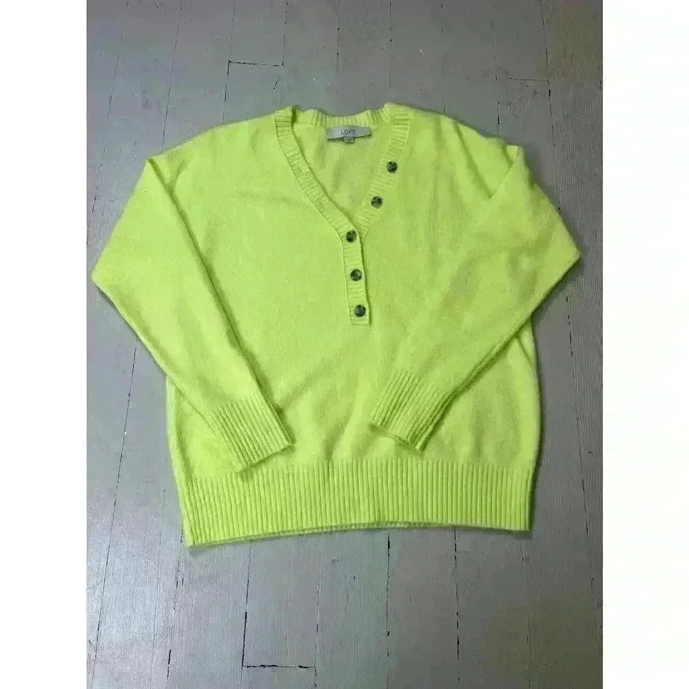 Loft Bright Yellow V-Neck 1/2 Button Down Soft‎ Casual Minimalist Colorful Small